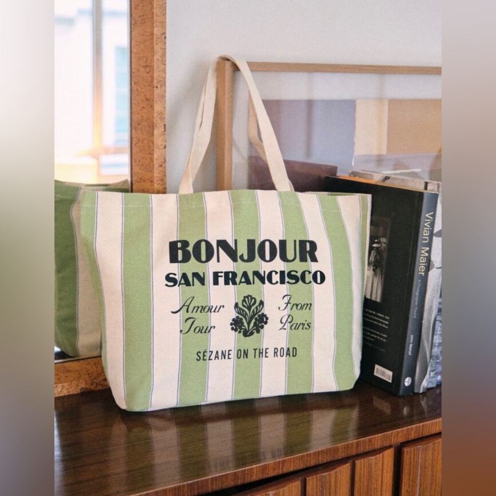 Sezane Bonjour Los Angeles Green and Cream Fabric Tote bag